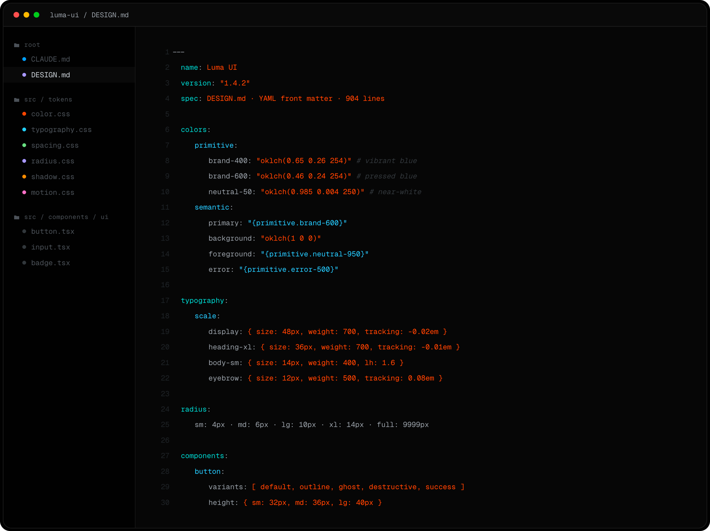 // process — DESIGN.md: 904-line YAML spec — tokens, typography, components as a single source of truth